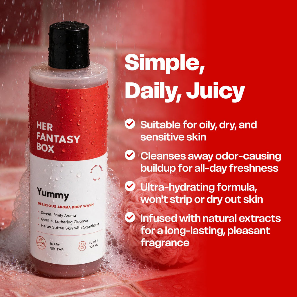 Her Fantasy Box Yummy | Body Wash - Indulgent, Luxurious Body Wash for Deep Cleansing, Moisturizing, and Nourishing Skin - Refreshing Scent for All Skin Types - 8 oz