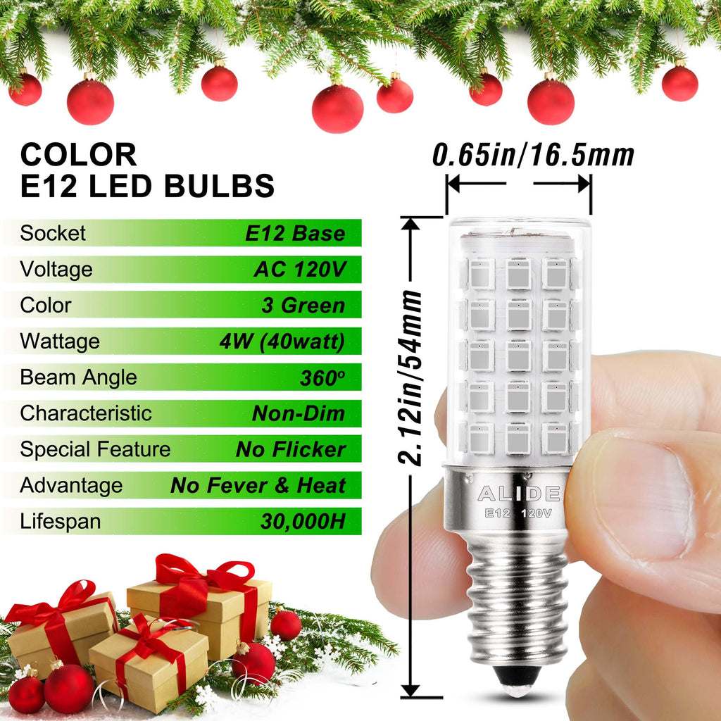 ALIDE E12 LED Candle Green Light Bulb,4W, 40Watt Equivalent E12 Small Base C7 T6 Green LED Bulb for Christmas Holiday Festival Party Decoration Porch Home Lighting Chandelier Candelabra,3Pack