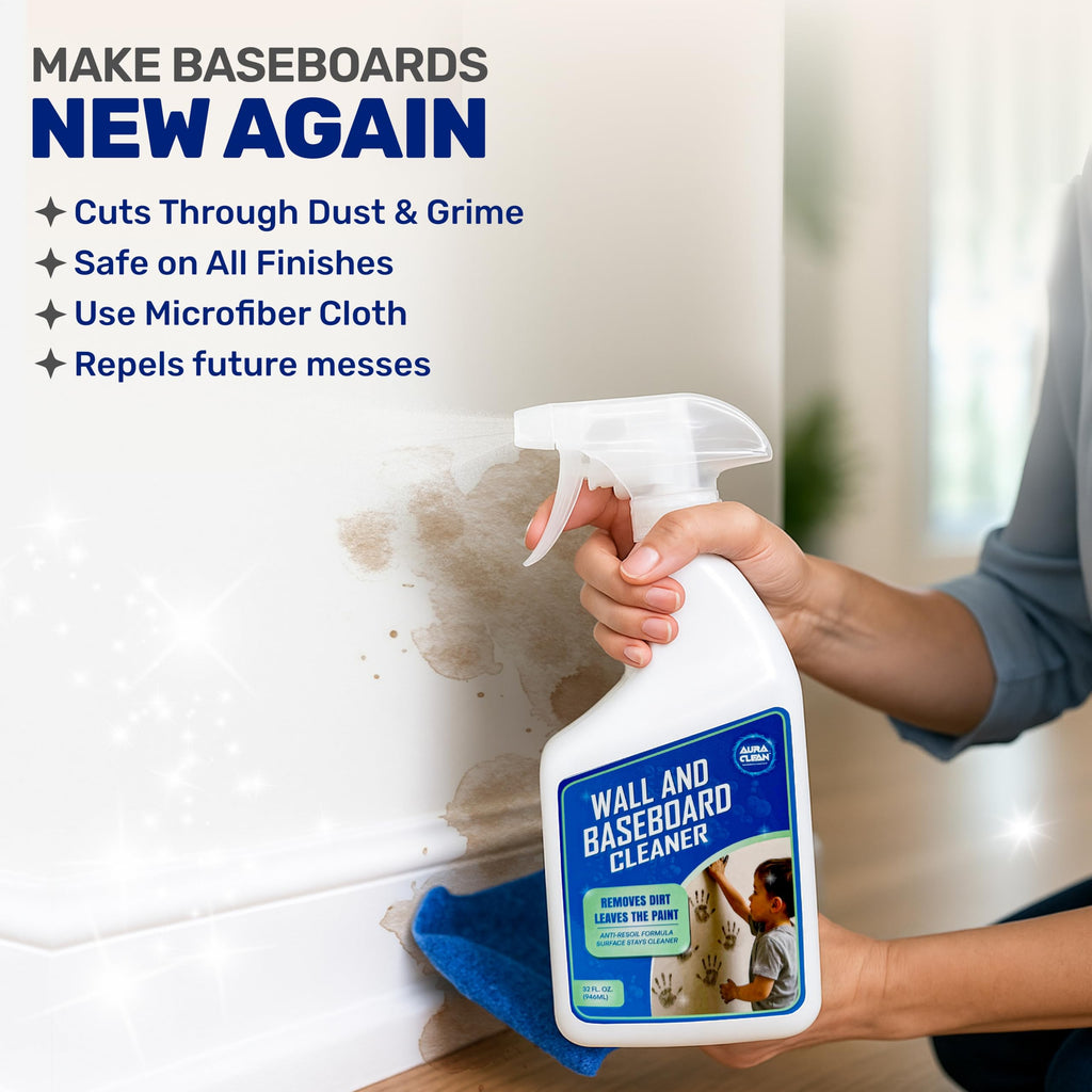 AuraClean Wall & Baseboard Cleaner - Safe for Painted Walls & Trim | Eco-Friendly, No-Rinse, Kid & Pet-Safe | Anti-Resoil, Streak-Free Finish | Made in the USA | 32 oz Spray (1 Quart)