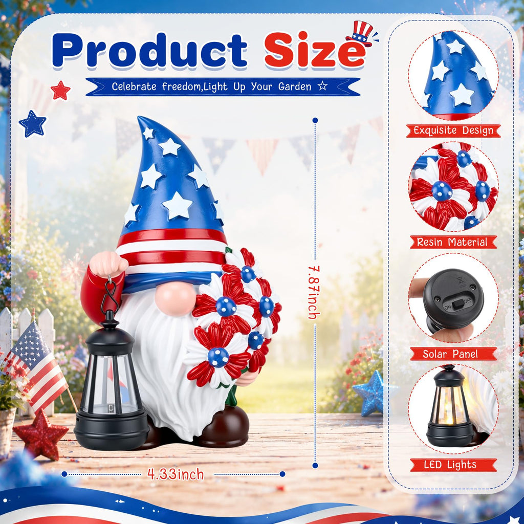 Capoda Solar Patriotic Gnome Statue 8" Garden Resin Gnome Figurine Holding Lantern with Solar LED Lights Decorations for Table 4th of July Independence Day Outdoor Yard Patio Lawn Decor