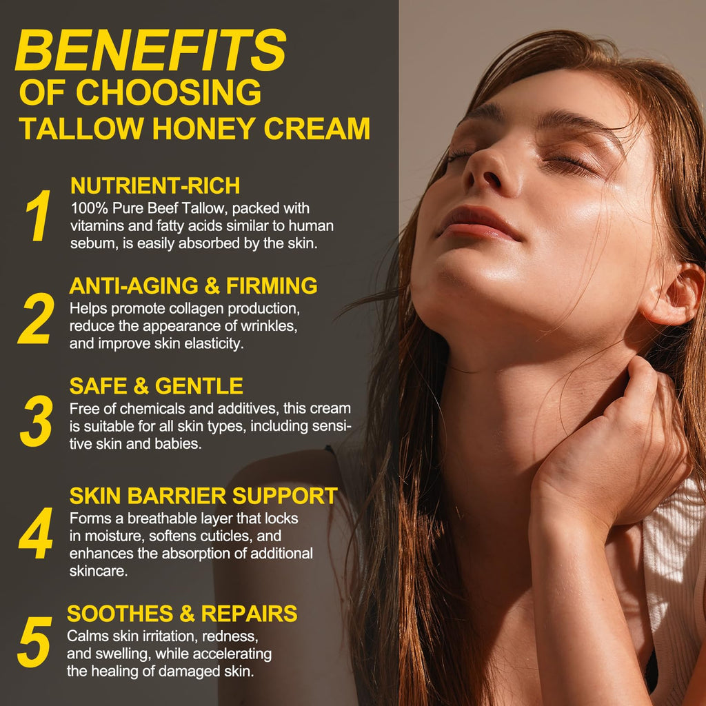 Beef Tallow for Skin, Whipped Tallow Honey Balm for Face -Grass Fed Beef Tallow & Raw Wild Honey - Organic Moisturizer for Soft, Smooth Skin- Light Scent, Moisturizing Natural Formula, 4.2 Oz