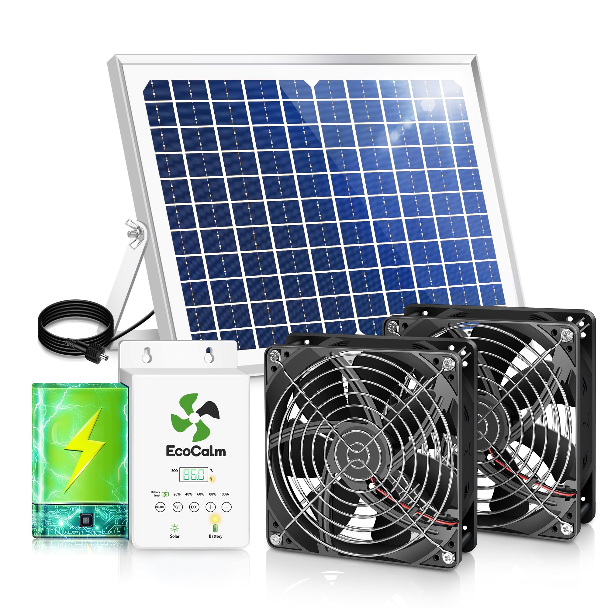 ecoCalm Solar Exhaust Fan for Chiken Coop with Smart Thermostat and Battery