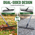 Walensee Heavy Duty Dual-Sided Bow Rake, 63" Stainless Steel Handle, Heat-Treated Manganese Steel Head, 17 Steel Tines Metal Garden Rake for Soil Loosening, Yard Leveling, Lawn Care and Thatch Removal