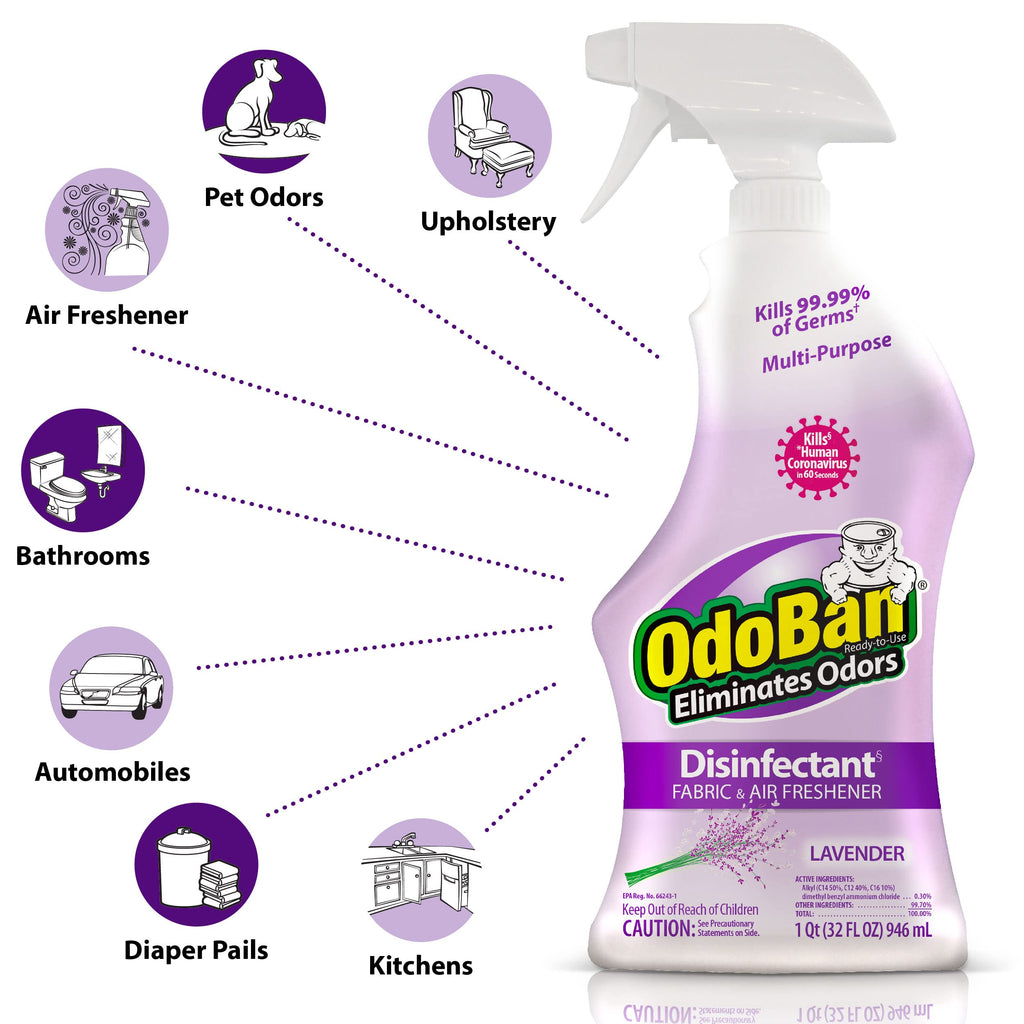 OdoBan Ready-to-Use Disinfectant and Harsh Aroma Eliminator, Cleaner and Fabric/Air Freshener, Set of 2, 14.6 Ounce 360-Degree Continuous Spray and 32 Ounce Trigger Spray, Lavender Scent