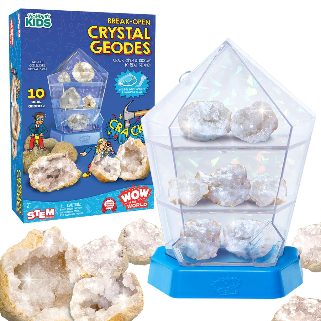 Wow in The World – 10 Real Break-Open Crystal Geodes with Display Case – Bonus Goggles & Magnifying Glass, Companion Audio Content, STEM Toy for Boys & Girls 6+ by Thames & Kosmos