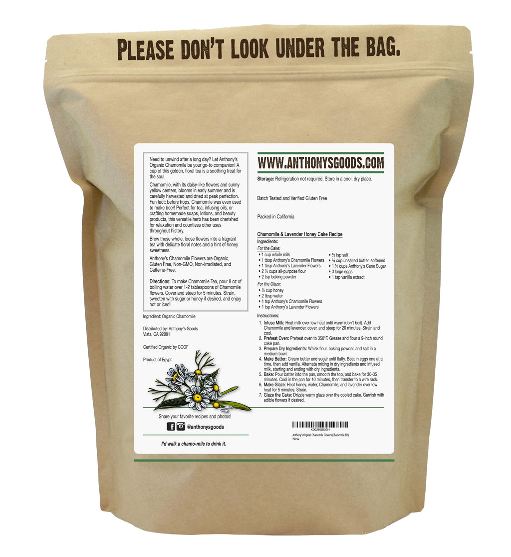 Anthony's Organic Chamomile Flowers, 1 lb, Whole, Loose Leaf, Gluten Free, Non GMO, Non Irradiated