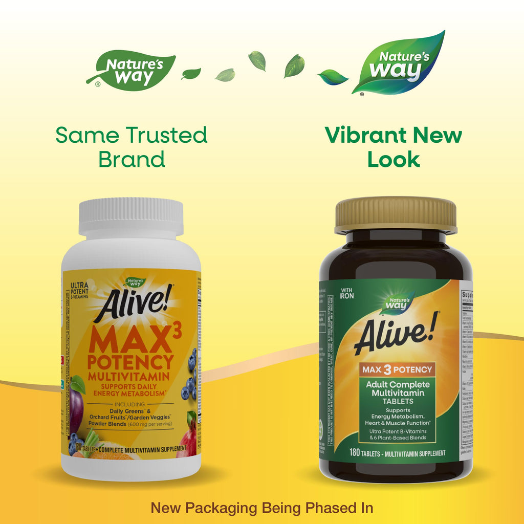 Nature's Way Alive! Max3 Potency Daily Multivitamin, Methylated B12 and Folate, Ultra Potency B-Vitamins to Support Energy Metabolism*, 180 Tablets, (Pack of 2)