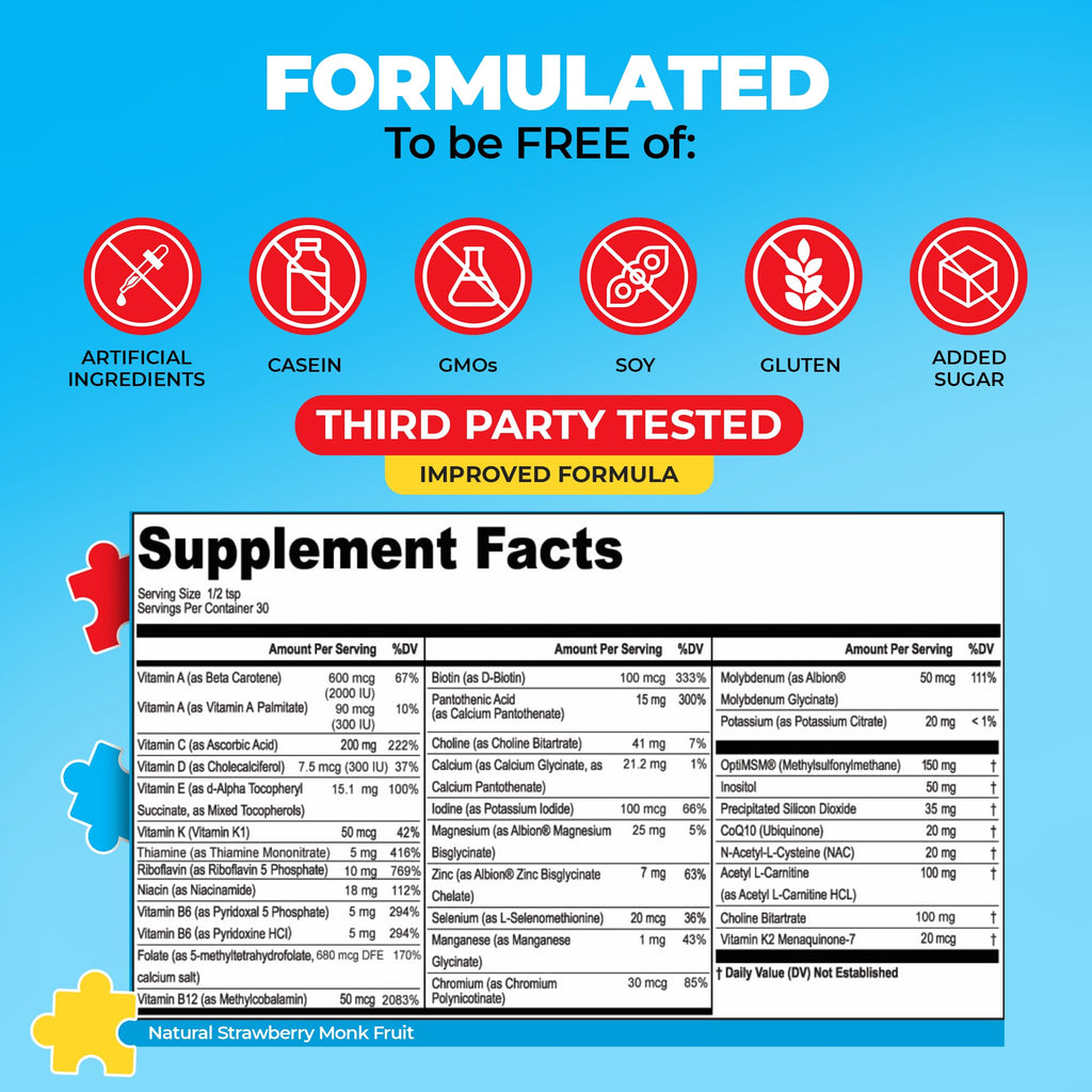 My Spectrum Heroes Kids Powder Multivitamin - Strawberry Powder Supplement, Better Absorption, Non-GMO, Non-Gluten, No Artificial Ingredients - Neural Help for Children on The Spectrum - 30 Servings