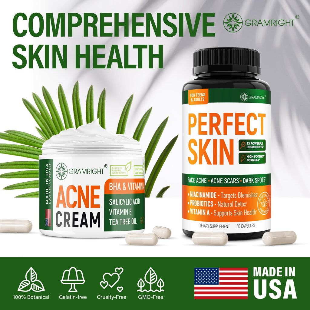 Perfect Skin Acne Pills - Clear Skin Supplement with Niacinamide, Probiotic, Zinc & Vitamin A - Anti Acne Vitamins for Teens, Men & Women - Support for Face & Back Acne, Acne Scars - 60 Capsules