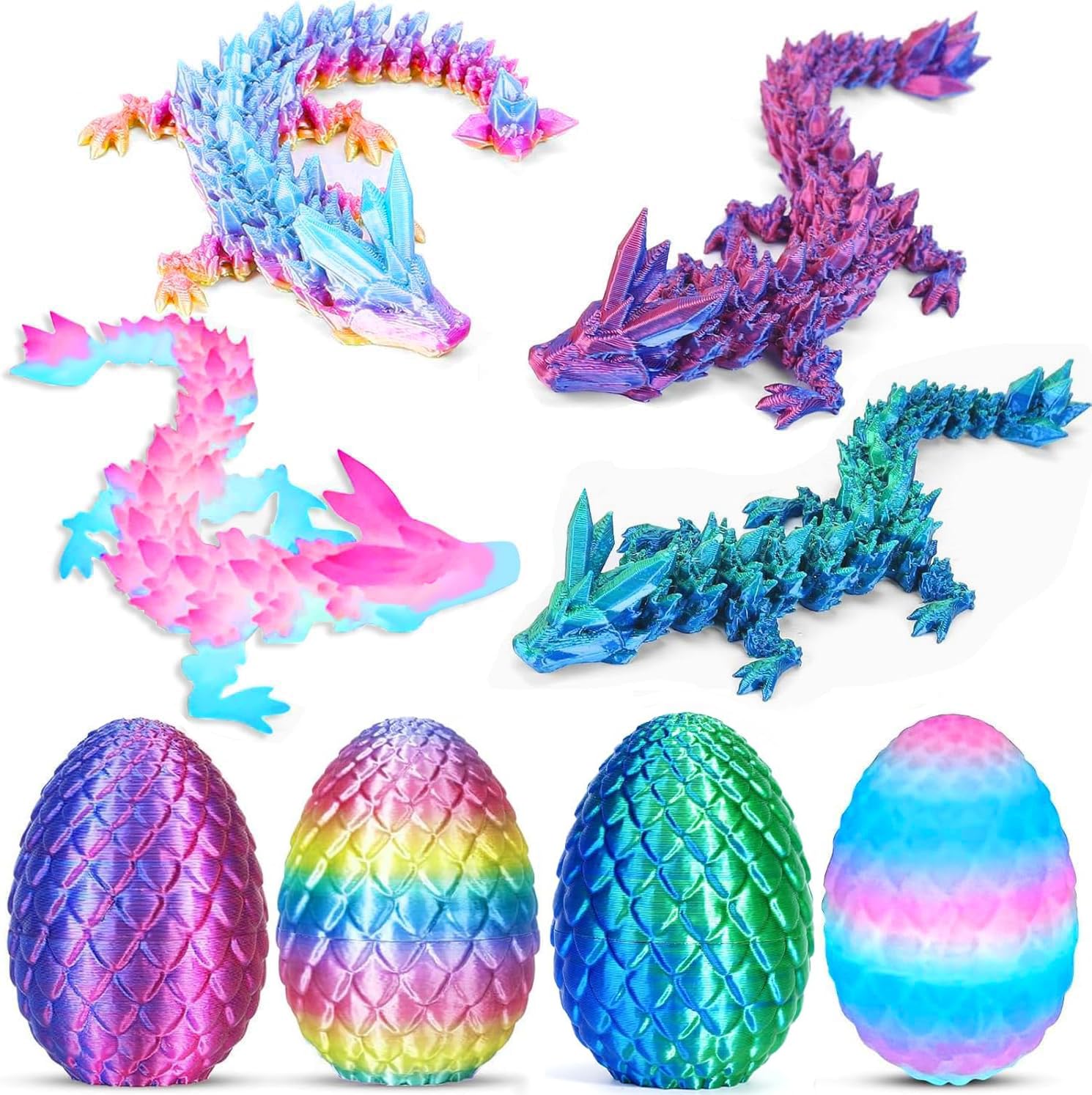 Ivrmtal 4PCS 3D Printed Dragon Eggs with Dragon Inside, Mini Articulated Crystal Dragons Toys for Kids & Adults 3D Print Small Dinosaur Eggs Christmas Stockings Easter Gifts for Kids Boy Girls