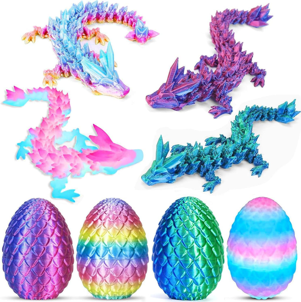 Ivrmtal 4PCS 3D Printed Dragon Eggs with Dragon Inside, Mini Articulated Crystal Dragons Toys for Kids & Adults 3D Print Small Dinosaur Eggs Christmas Stockings Easter Gifts for Kids Boy Girls