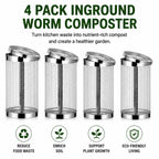4PCS Inground Worm Composting Bin Turn Food Waste into Nutrient-Rich Soil Increase Soil Fertility Stainless Steel Composting Bin with Holes and Lid for Outdoor Garden Vegetable Patch Backyard