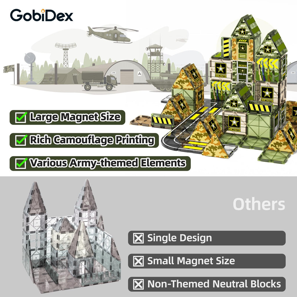 GobiDex Magnetic Tiles Army Toys, STEM Military Magnetic Building Blocks for Toddler Kids Ages 3-5 4-8, Magnet Construction Toys Birthday Gifts for 3+ Year Old Boys & Girls Army Men Playset