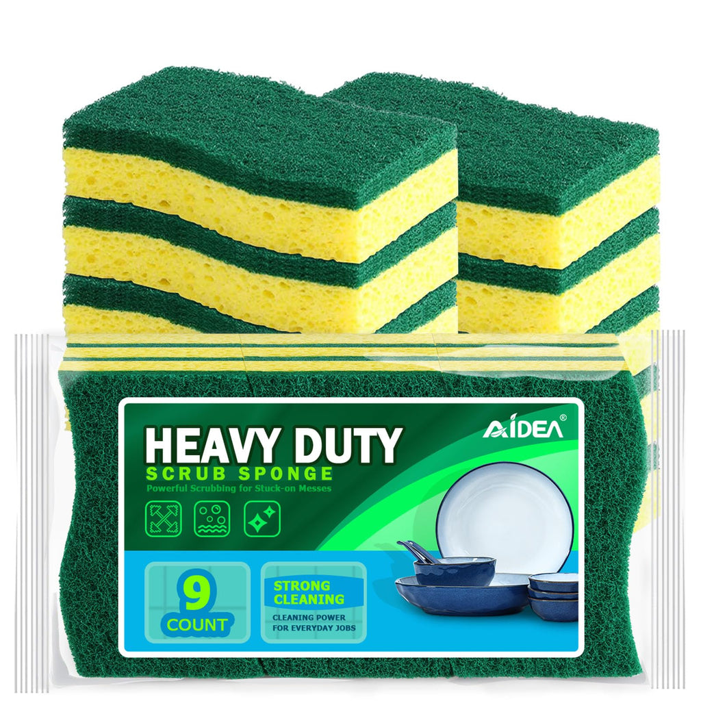 AIDEA Sponges Kitchen, 9Count, Dish Sponges, Heavy-Duty Sponge for Non-Coated Cookware, Scrubbing Power for Tough Messes, Cleaning Sponge for Kitchen, Bathroom, Household