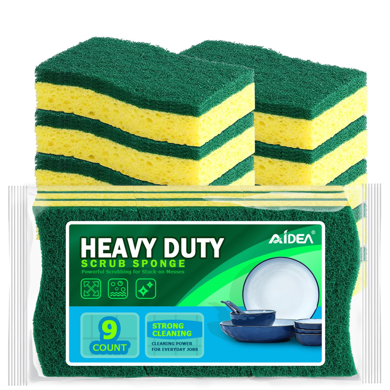AIDEA Sponges Kitchen, 9Count, Dish Sponges, Heavy-Duty Sponge for Non-Coated Cookware, Scrubbing Power for Tough Messes, Cleaning Sponge for Kitchen, Bathroom, Household