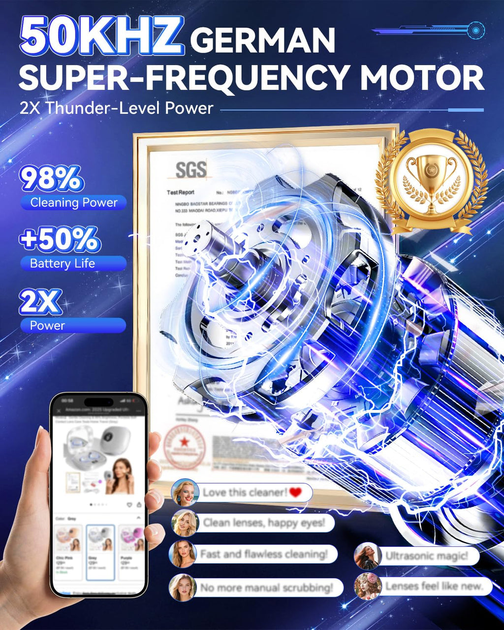 2025 Upgraded Ultrasonic Contact Lens Cleaner【50KHz Germany Super Motor】【Top1 Intelligent Chip-Smart Modes】 Gentle Cleaning & 99% Brightness, Portable Soft Contact Lens Care Tools Home Travel (Grey)