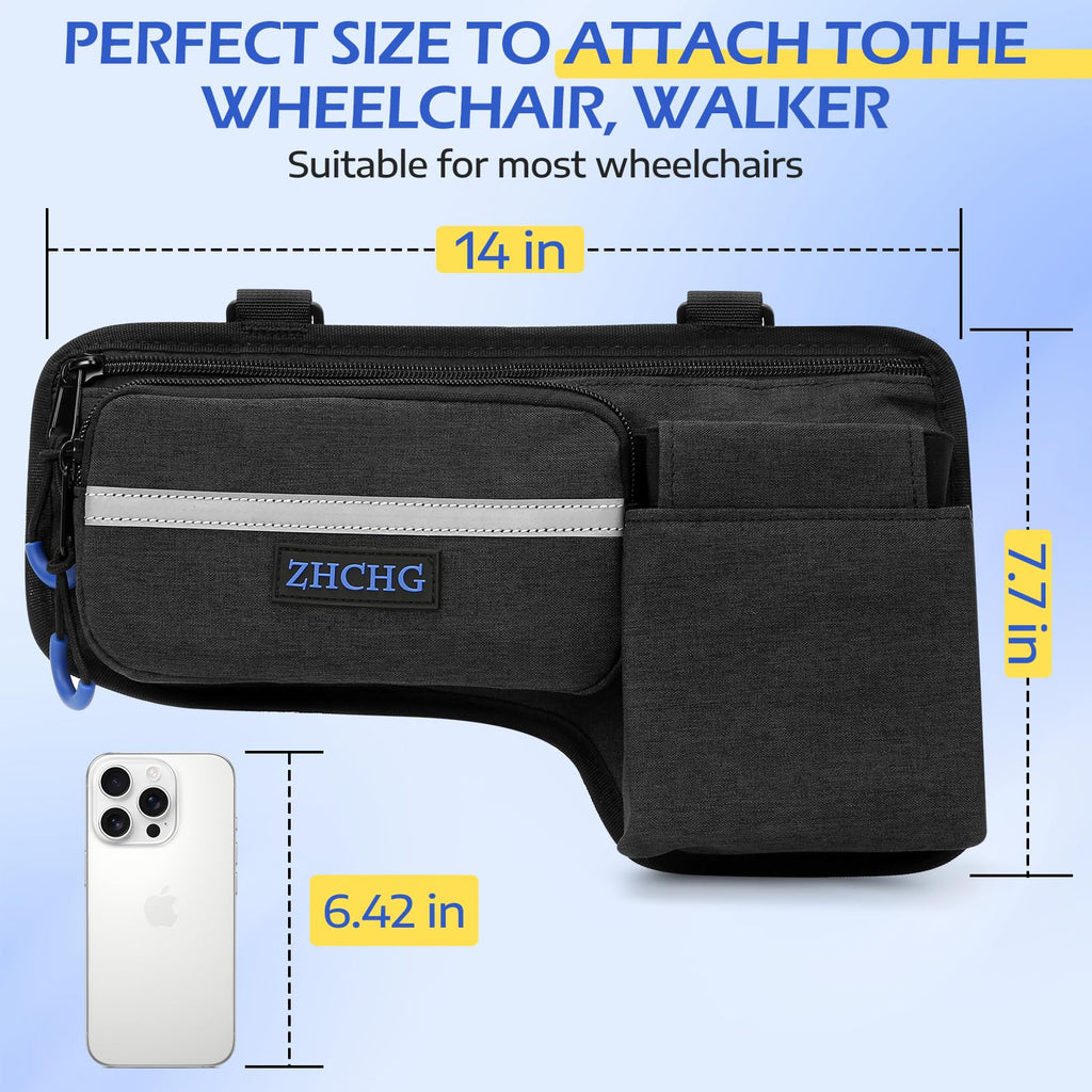 ZHCHG Upgraded Wheelchair Side Bag with Cup Holder, Wheelchair Armrest Pouch for Walker, Wheelchair Accessories Storage Bag