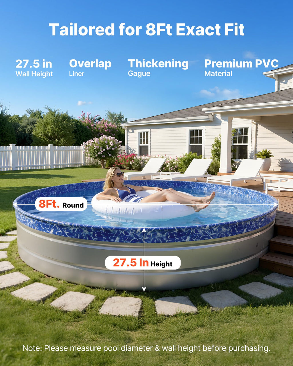 VEVOR 8ft Stock Tank Round Pool Liner, Overlap Above Ground Swimming Pool Liners for 27.5 in Wall Height, Extra Thick Heavy Gauge Vinyl, with Leak-Proof Patches, Designed for Steel Sided Above-Ground