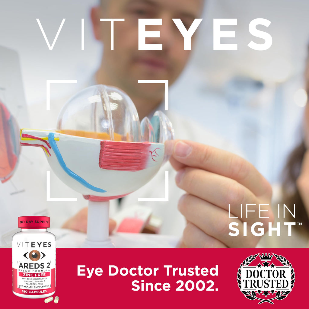 Viteyes AREDS 2 Zinc Free Macular Support, Natural Allergen Free Capsules with Vitamin E, Vitamin C, Lutein & Zeaxanthin, No Zinc, No Copper, Eye Doctor Trusted, Manufactured in The USA, 180 Ct