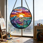 DASTOLL Stained Glass Window Hanging, Clouds and Sea Waves Suncatcher Diamond Glass Panel Hangings Scenery Sun Catchers Decor for Birthday for Women, Men, Wife, Aunt, and Mom 7.8 in