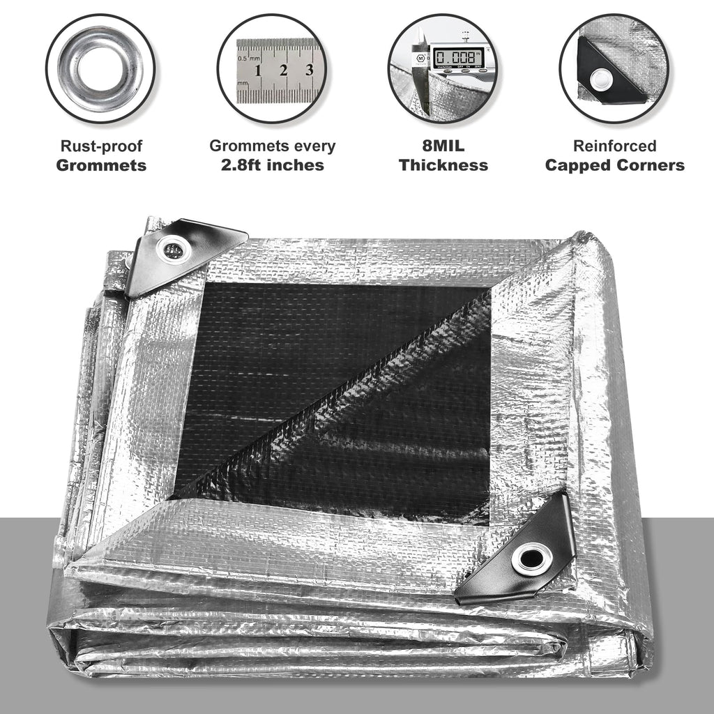 Tarps Waterproof 8x10 Feet, 4 Pack Heavy Duty Silver Tarp Cover 8 Mil Thick, Resistant Plastic Tarpaulin with Metal Grommets, Outdoor Tent Cover for Emergency Rain