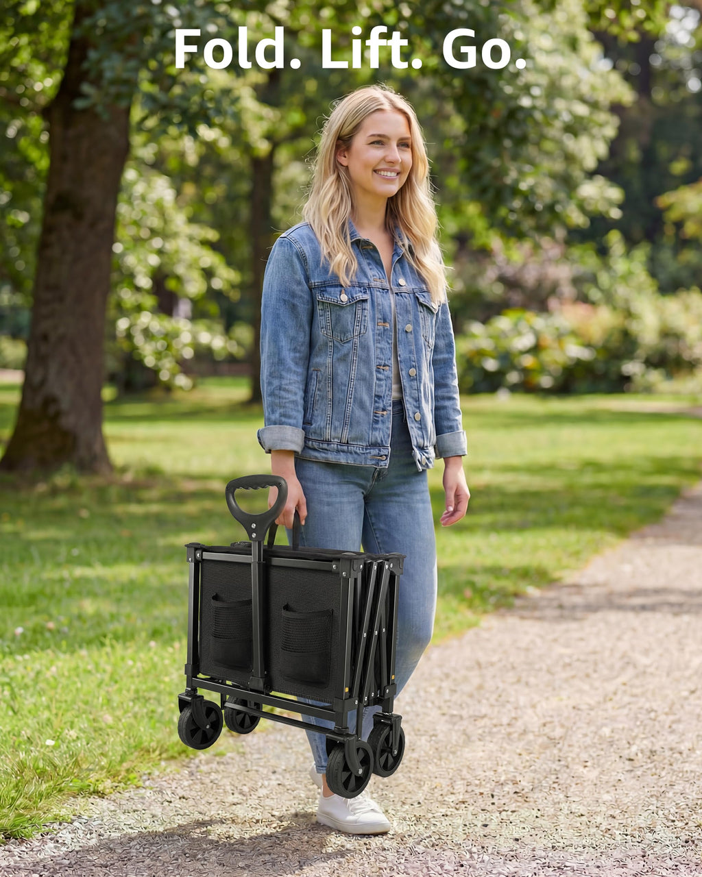 MEUIS Collapsible Wagon Cart with Wheels - 250LBS Heavy Duty Folding Wagon for Groceries Shopping Outdoor Apartment Portable Foldable Utility Grocery Trolley, Black, L