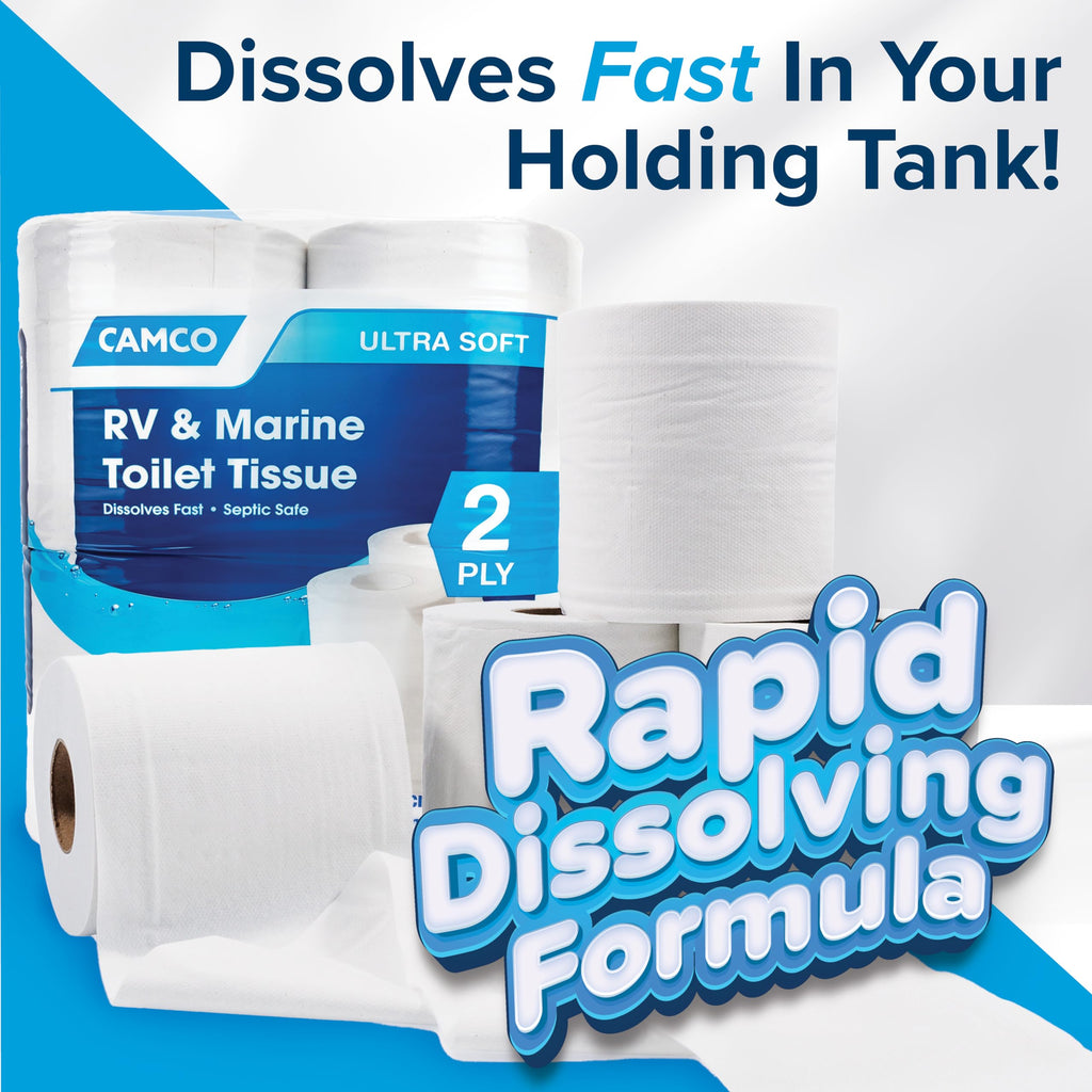 Camco Camper & RV Toilet Paper - 16-Rolls - 2-Ply Quick Dissolve RV Septic Safe Bath Tissue - Dye & Fragrance Free - 500 Sheets Per Roll (40282)
