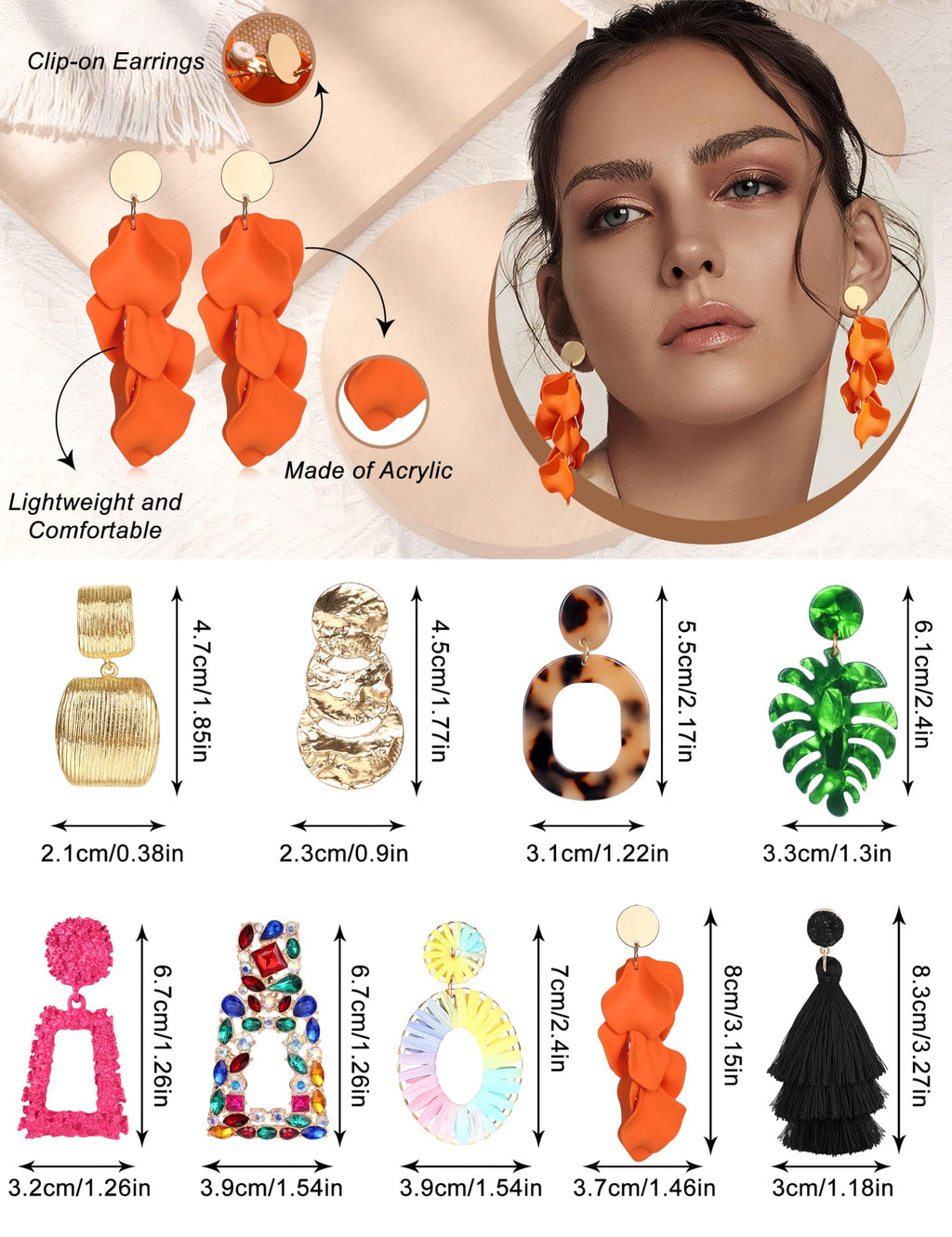JeryWe 9 Pairs Clip on Earrings for Women Fashion Rattan Acrylic Tassel Drop Dangle Earrings Set Lightweight Geometric Statement Bohemian Clip Earrings for Non Piercied Pink