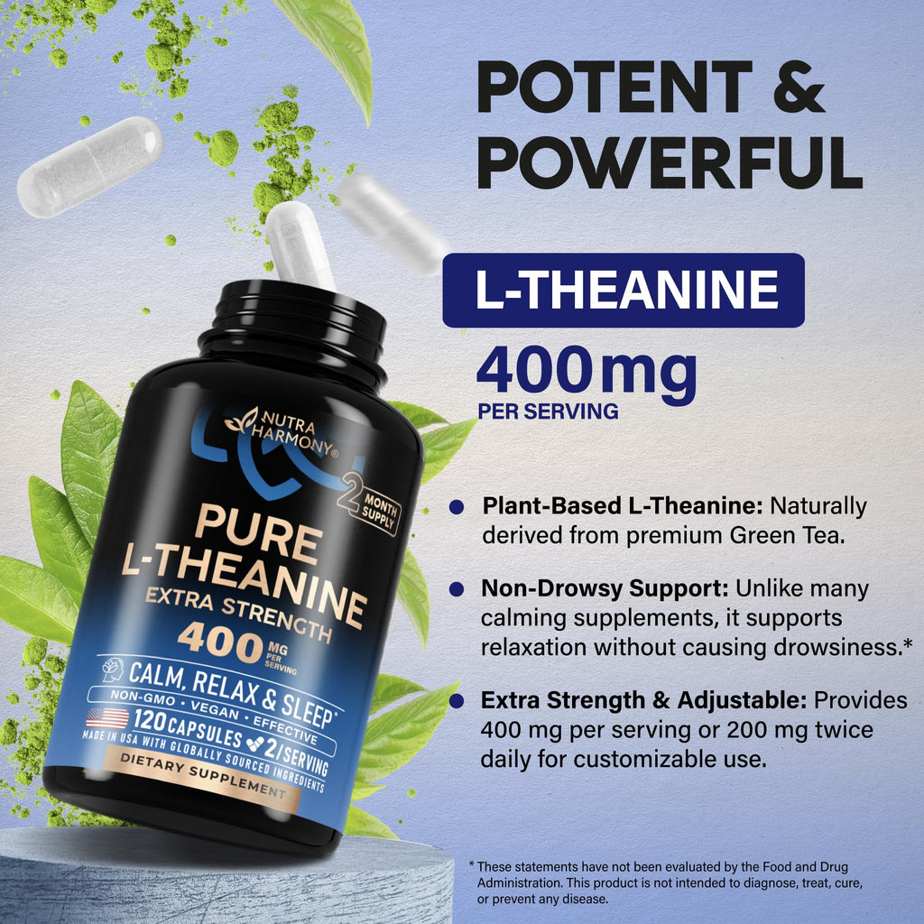 L Theanine 400 mg | L-Theanine Stress Relief | Extra Strength Supplement | Made in USA | Relaxation, Sleep & Calm Support | For Men & Women | Plant Based, Non-GMO & Gluten-Free | 120 Vegan Capsules