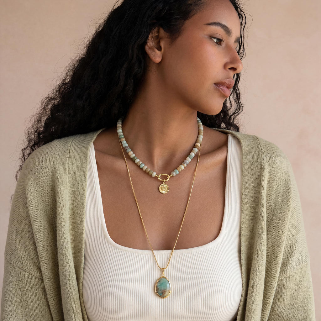 ROISE LADY Amazonite Natural Stone Beaded Necklaces for Women Boho Gemstone Bead Choker Summer Beach Vacation statement Trendy Charm Necklace