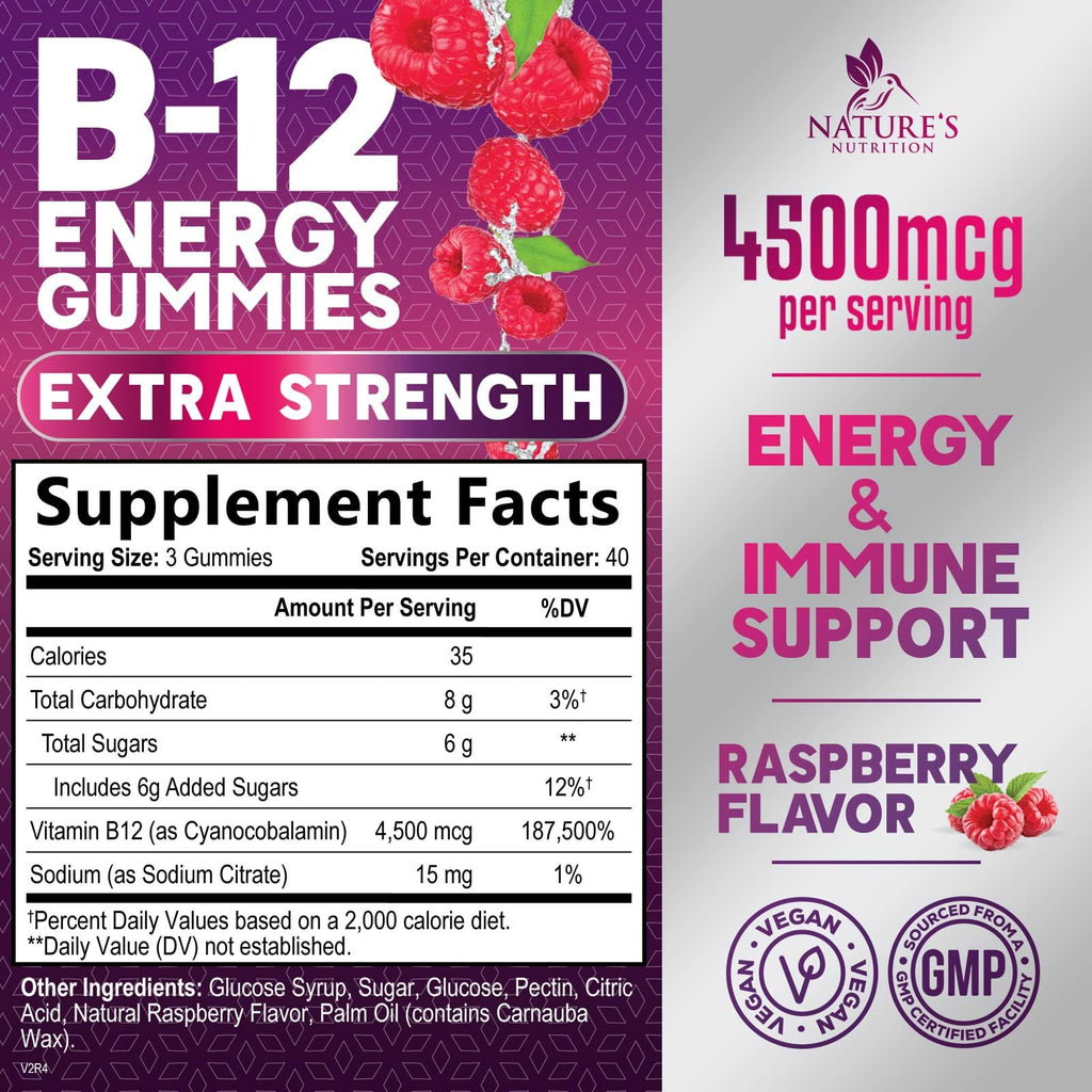 B12 Energy Gummies - 4500 mcg Per Serving Extra Strength Vitamin B12 Chewables - Dietary Supplement for Energy Metabolism & Immune Support - For Women, Men, & Kids - Natural, Berry Flavor - 120 Count