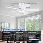 BYKISTOK 46" Flush Mount Ceiling Fan with Lights - White Modern Fan Light with Reversible Mute Motor, 3CCT Dimmable, Wind Speeds Adjustable, Low Profile Light Fixure for Indoor Use, Bedroom