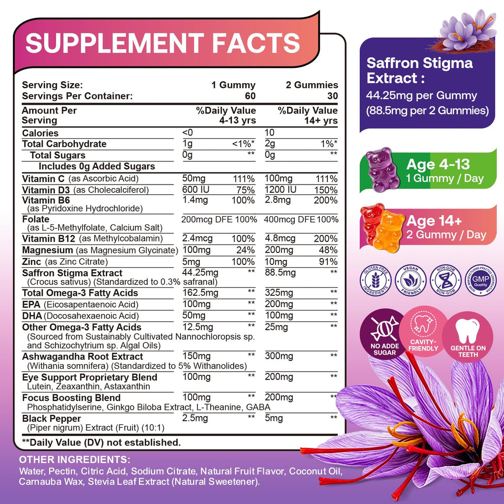 Saffron Gummies Kids & Adults, Mixed Fruit Flavor Sugar Free, Saffron Magnesium Supplements with 88.5mg Saffron Extract, B6, D3, Lutein, Omega-3, Brain, Focus, Calm & Vision Support, Vegan, 60 Counts
