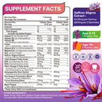 Saffron Gummies Kids & Adults, Mixed Fruit Flavor Sugar Free, Saffron Magnesium Supplements with 88.5mg Saffron Extract, B6, D3, Lutein, Omega-3, Brain, Focus, Calm & Vision Support, Vegan, 60 Counts