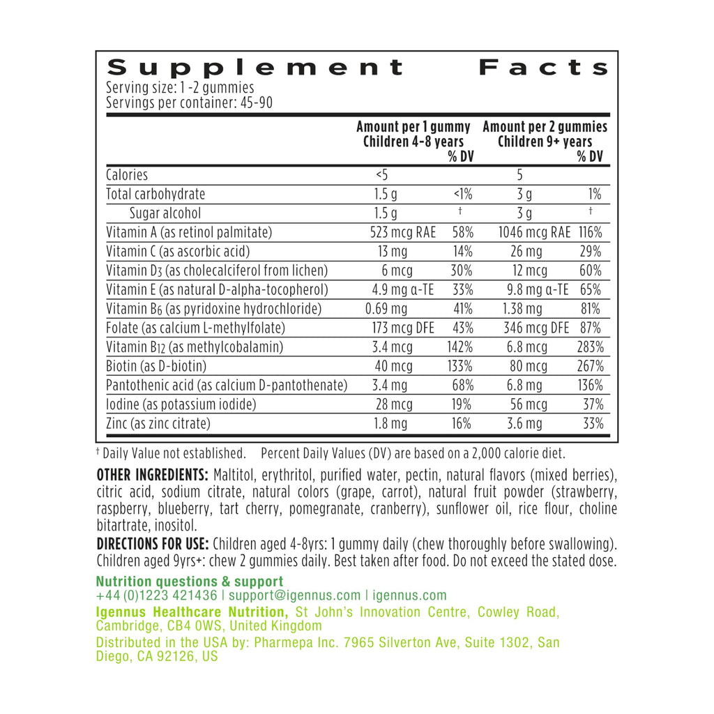 Igennus Methylated Kids Multivitamin Gummies, MTHFR, No Artificial Sweeteners or Flavors, Sugar Free, Age 4+, 90 Natural Berry Flavor Gummies from Fruit Powder, Non-GMO, Halal, Clean Label