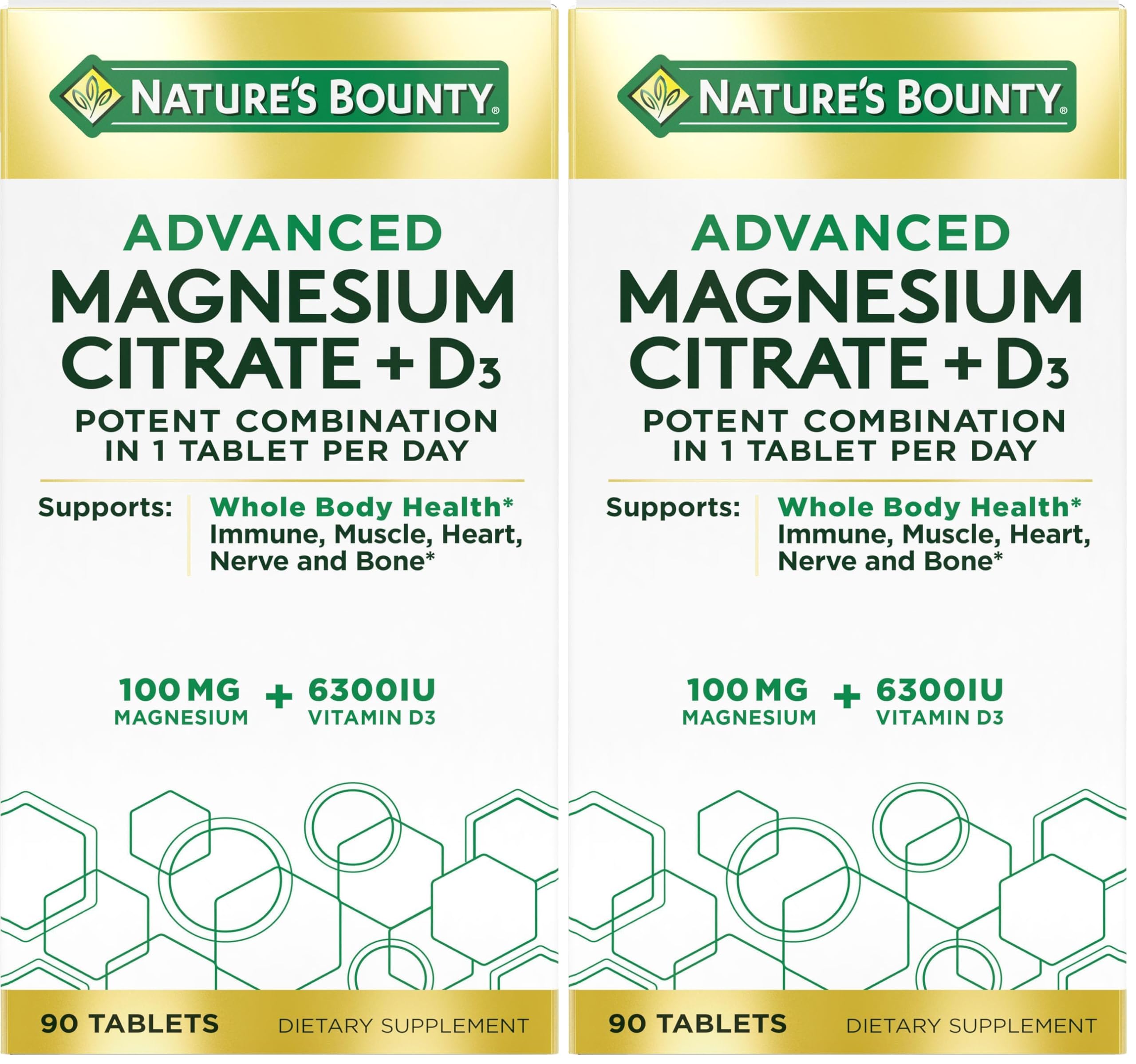 Nature's Bounty Advanced Vitamin D3 with Magnesium Citrate Immune Formula, Supports Immune and Bone Health, 90 Tablets (Pack of 2)