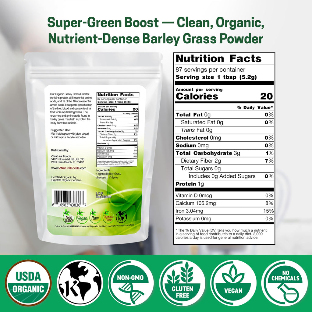 Z Natural Foods Organic Barley Grass Powder - USDA Organic Whole Food Green Blend for Energy Boost, Detox & pH Balance with Amino Acids, Minerals - Antioxidant Mix for Juice, Water, Smoothies, 1 lb