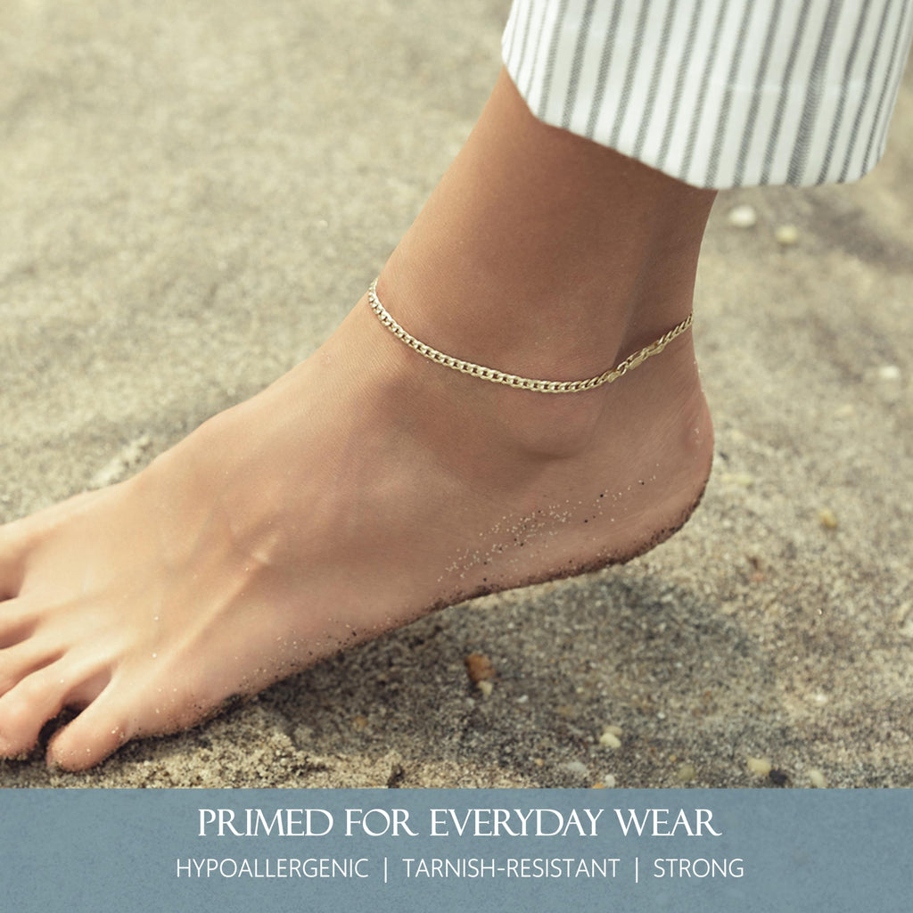 KISPER Gold Curb Ankle Bracelet for Women 3.5mm Plated 925 Sterling Silver