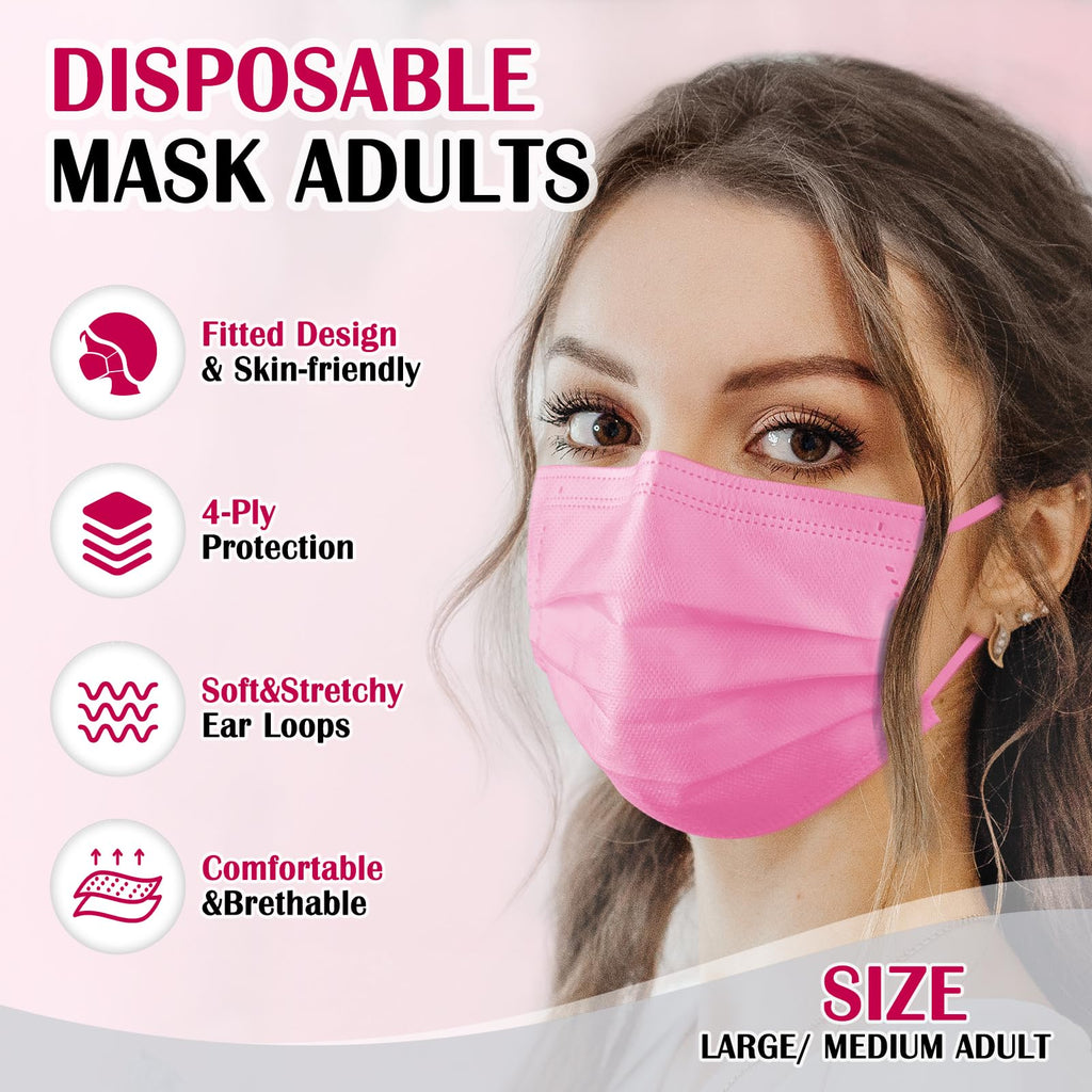 Disposable Face Mask Adults Pink - 100 Pack Individually Wrapped, 4 Ply Protection, Breathable and Comfortable Safety Masks for Women & Men