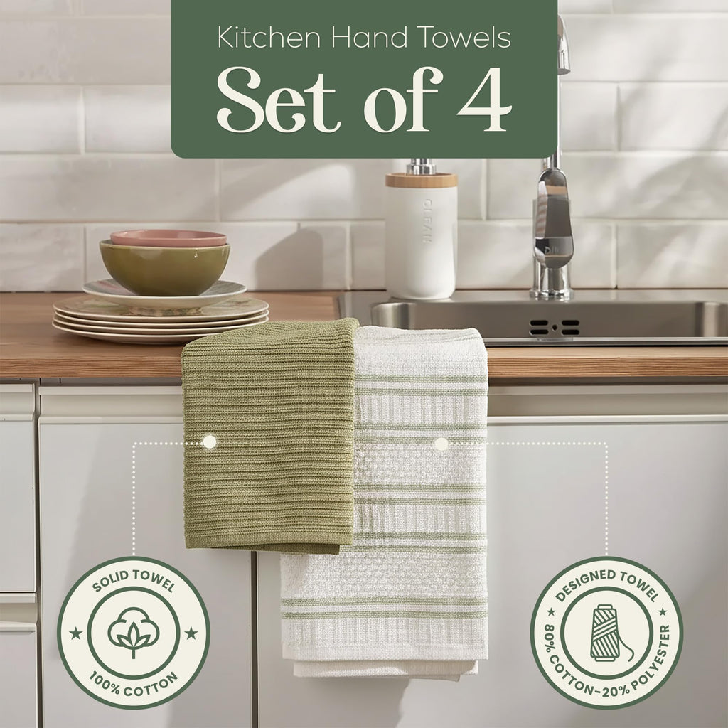 MosJos Kitchen Towels, Cotton Hand Towels, Sage Green and Cream Ribbed - Mini Weaved Stitched Set of 4 Absorbent Hand Drying Cloths, 18 x 28 Kitchen Linens