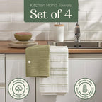 MosJos Kitchen Towels, Cotton Hand Towels, Sage Green and Cream Ribbed - Mini Weaved Stitched Set of 4 Absorbent Hand Drying Cloths, 18 x 28 Kitchen Linens