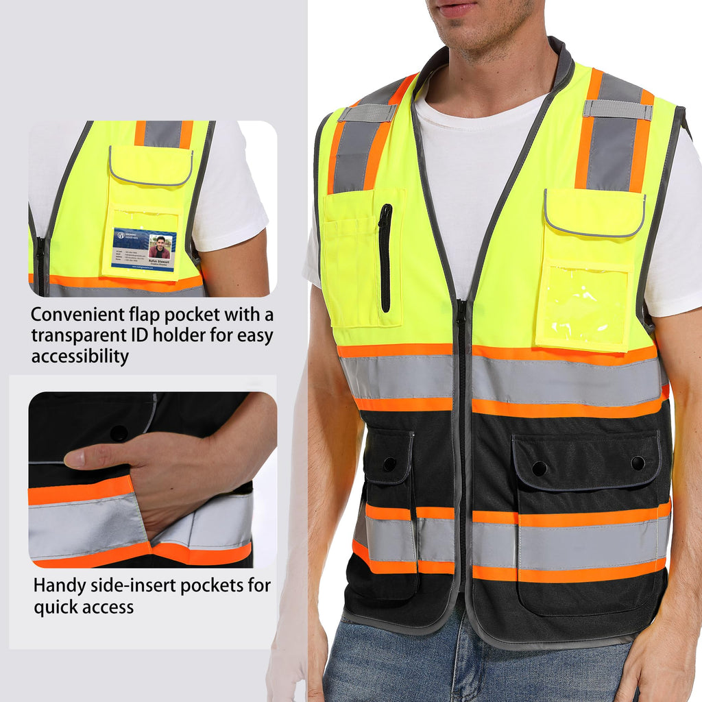 ArcRidge Reflective Safety Vest for Men and Women - High Visibility Construction Vest - Dual Tone Reflective Strips (Yellow-Black-Custom, Small)