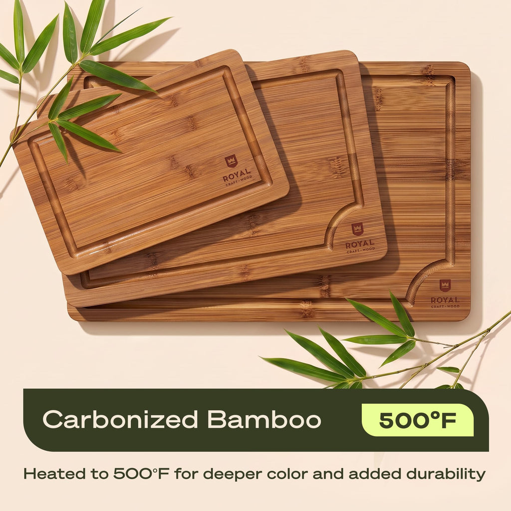 ROYAL CRAFT WOOD Wooden Cutting Boards for Kitchen Appliances - Non Toxic Bamboo Wood Cutting Board Set with Deep Juice Groove, Side Handles, Charcuterie & Butcher Block for Meat, Meal Prep & Serving