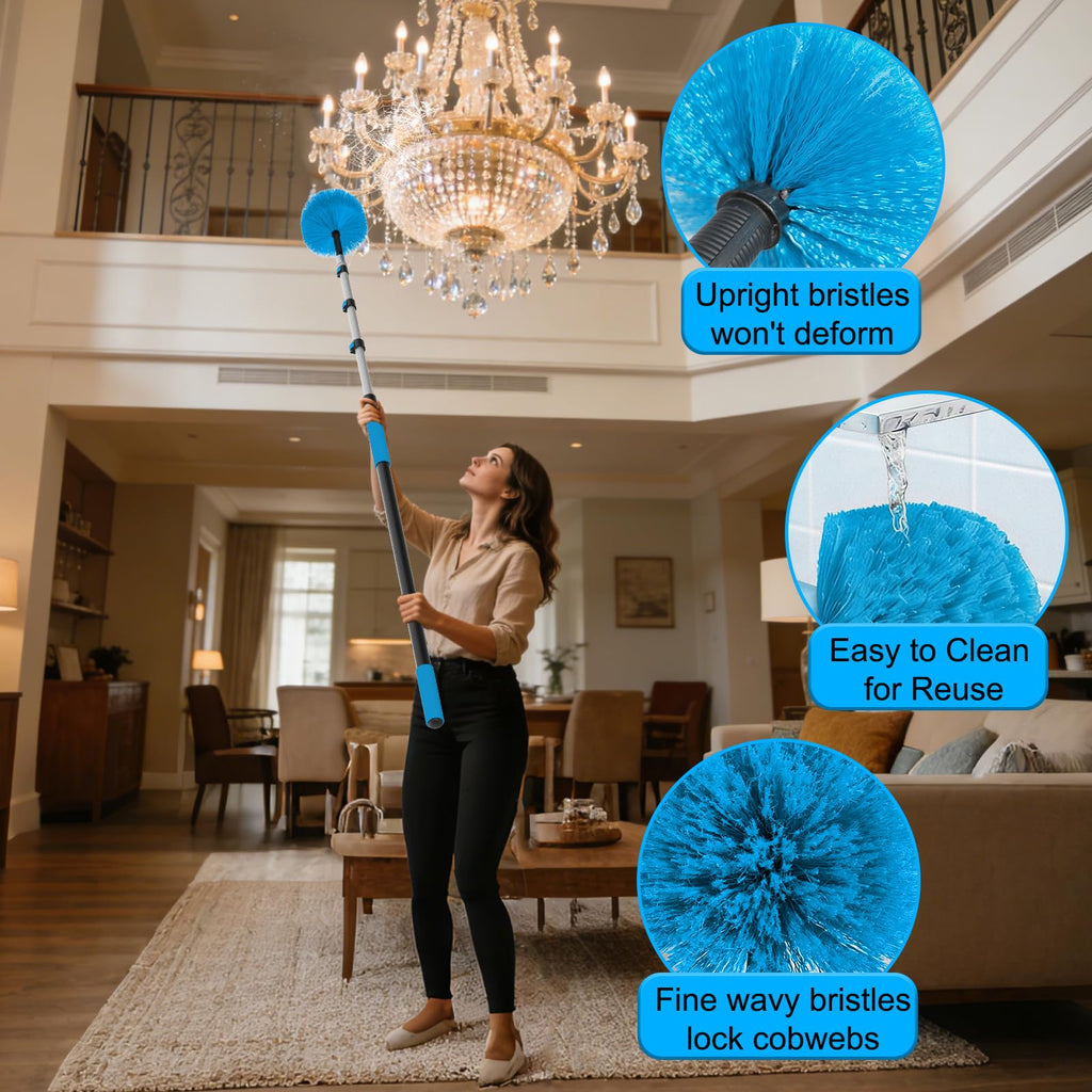 26FT Reach Cobweb Duster with Extension Pole - Spider Web Brush for Cleaning with 5-20FT 4-Section Flip-Lock Telescopic Pole, Effortlessly Cleans High Indoor & Outdoor Webs