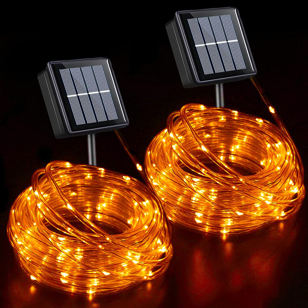 YEGUO Solar Halloween Lights, 2 Packs Each 33ft 100 LED String Lights Outdoor Waterproof, 8 Modes Fairy Lights in Clear Thin Tube for Camping Fence Patio Garden Trampoline Deck(Orange)