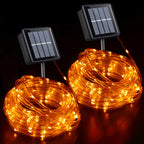 YEGUO Solar Halloween Lights, 2 Packs Each 33ft 100 LED String Lights Outdoor Waterproof, 8 Modes Fairy Lights in Clear Thin Tube for Camping Fence Patio Garden Trampoline Deck(Orange)
