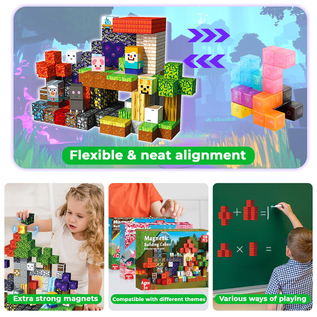 150 PCS Magnetic Blocks - Building Block for Kids Ages 4-8, Magnet Blocks Cubes Tiles Constructions Toys Girl Boy, STEM Educational Montessori Stacking Toy, Sensory Play Game Preschool Learning Gifts