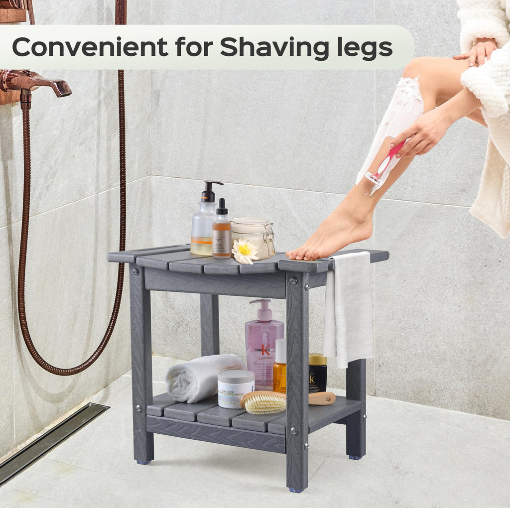 LyriFine Shower Bench - HDPE Waterproof Shower Bench for Inside Shower, 18.7" Shower Stool with Shower Head Holder, 350lbs Shower Seat with Storage Shelf, Shower Chair for Bathroom Indoor Outdoor Use