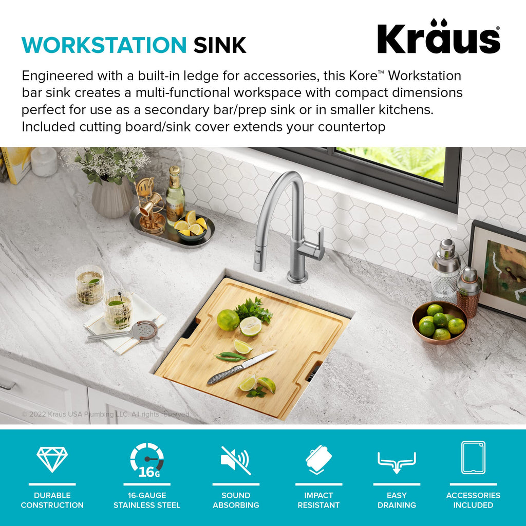 KRAUS Kore Workstation 17-inch Undermount 16 Gauge Black Stainless Kitchen Sink, Single Bowl Kitchen Sink in PVD Gunmetal Finish with Accessories, KWU1101-17-PGM