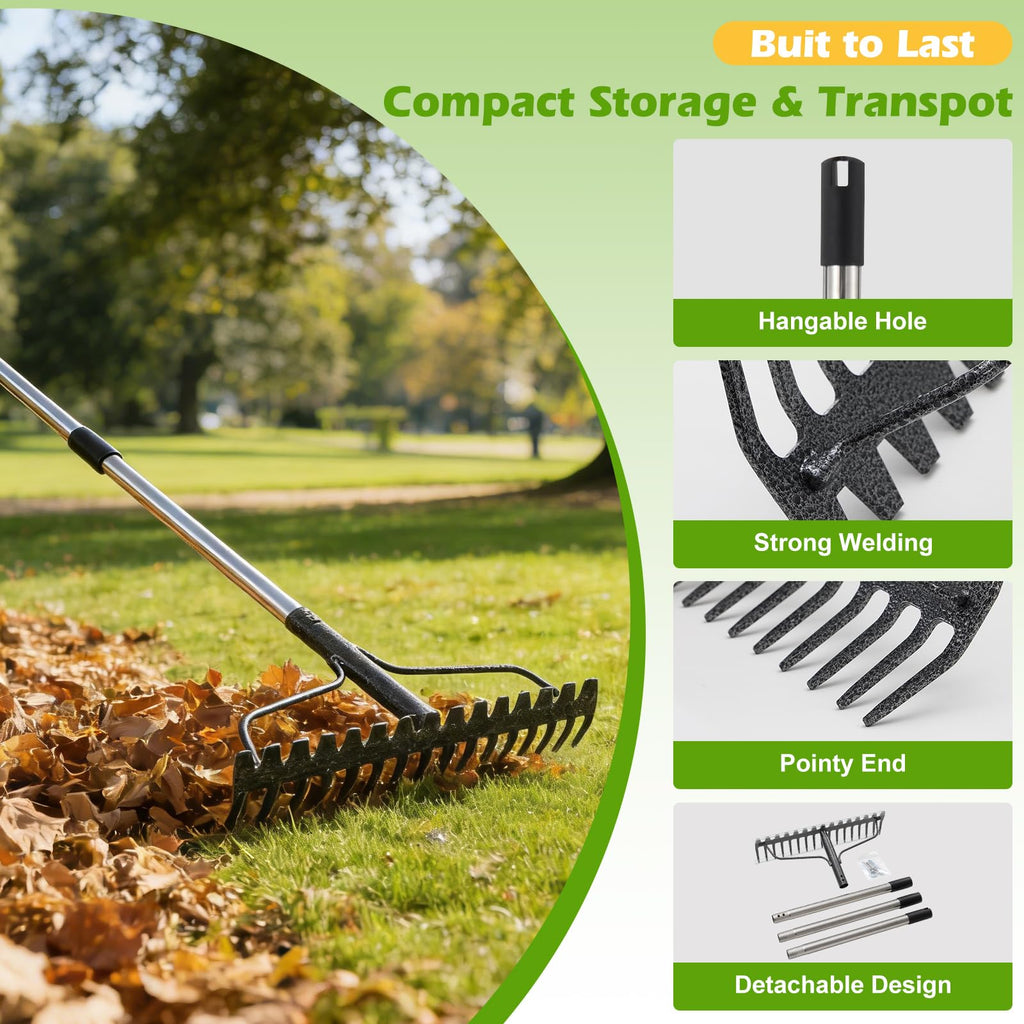 4FT Bow Rake,Heavy Duty Metal Garden Rake for Moving Gravel Loosening Soil Leveling Ground Gathering Leaf Debris Spreading Mulch, 17 Tines,Adjustable Handle, for Lawn Garden Farm Landscape Work
